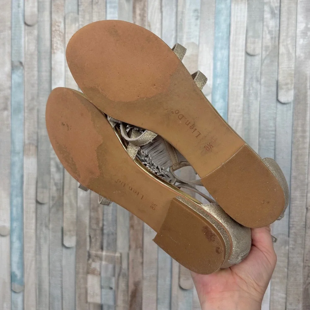 Anthropologie Gold‎ Metallic Leather Fringe Gladiator Sandals Western Boho 8.5